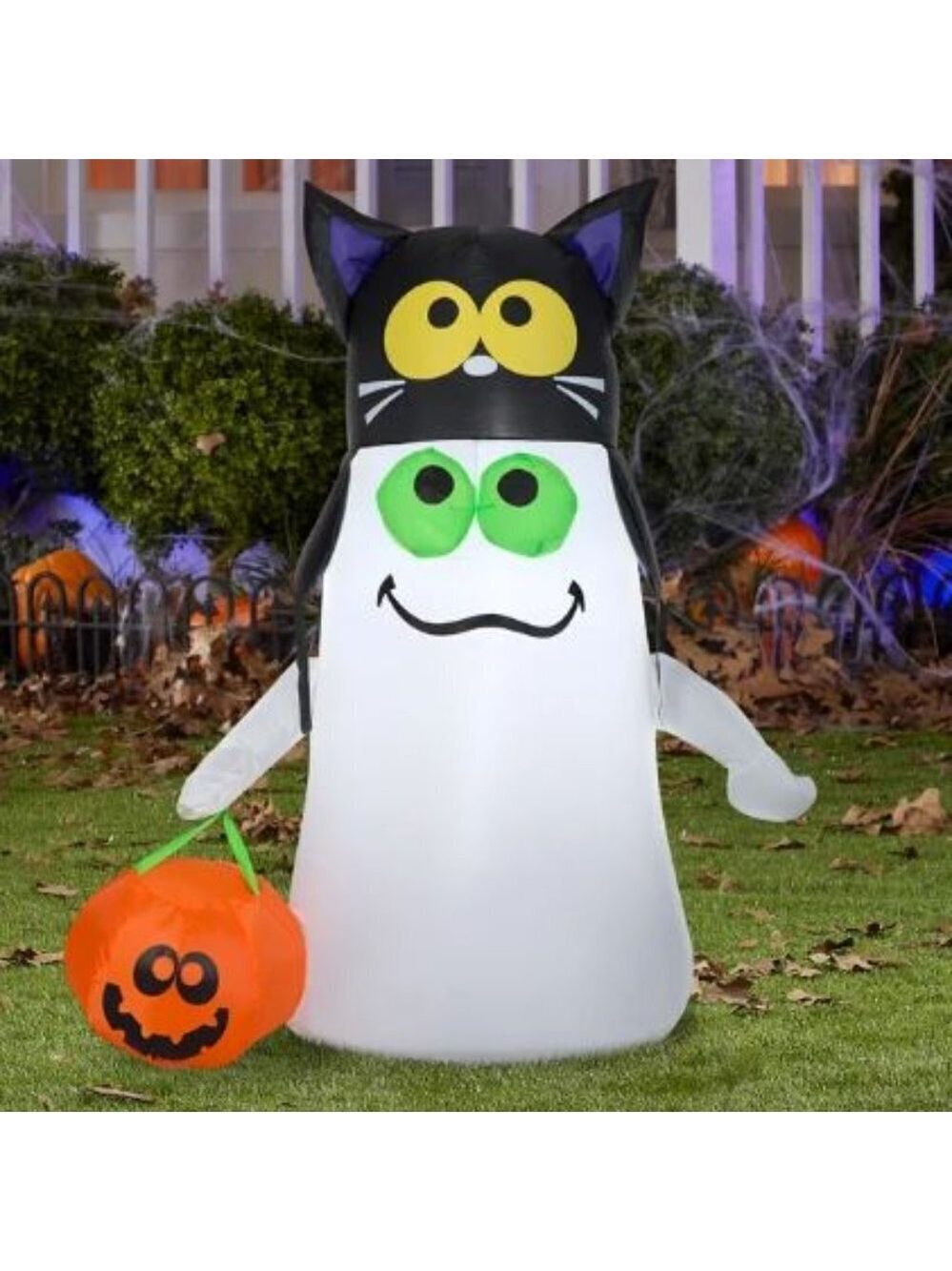 CUTE Ghost W/Cat Hat Gemmy Industries New Without Box Halloween Airblown